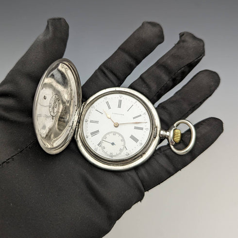 1907年頃 アンティーク ロンジン 懐中時計 花彫刻銀側ハンターケース 動作良好